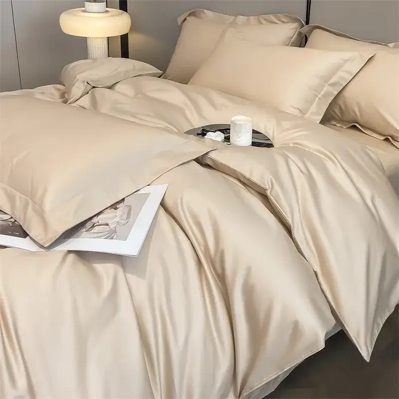 Beige satin duvet cover and fitted sheet set with a smooth luxurious finish from decorbites 1000tc egyptian cotton collection