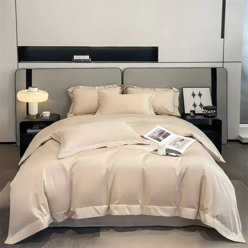 Beige satin duvet cover set with fitted sheet and piece duvet cover in luxurious 1000tc egyptian cotton by decorbites