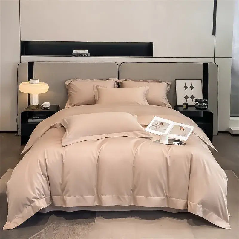 Beige satin DecorBites™ luxurious 1000TC Egyptian cotton bedding set with duvet cover and fitted sheet for smooth finish