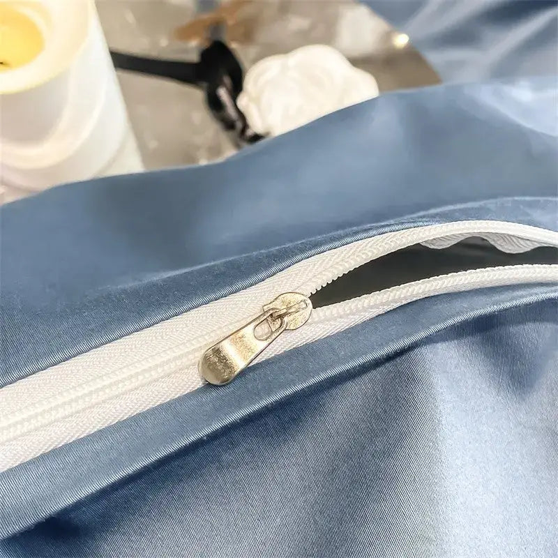 Blue satin duvet cover with white zipper and metallic pull tab from decorbites™ 1000tc egyptian cotton bedding set