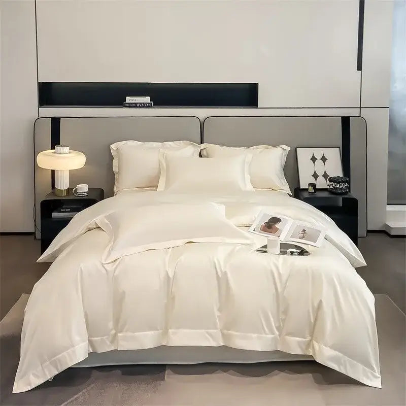 Cream-colored cream-colored satin DecorBites™ 1000TC Egyptian cotton duvet cover with fitted sheet and neatly stitched edges