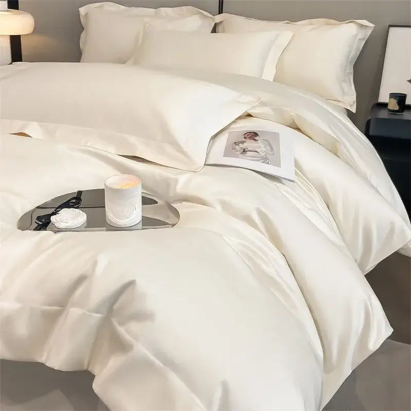 Cream-colored satin DecorBites™ luxurious 1000TC Egyptian cotton bedding set with smooth duvet cover and fitted sheet