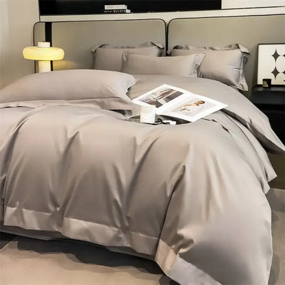 DecorBites™ luxurious 1000TC Egyptian cotton gray duvet cover with satin-like sheen and crisp stitching edges