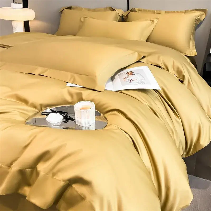 Golden satin decorbites™ luxurious 1000tc egyptian cotton duvet cover set with fitted sheet and smooth texture