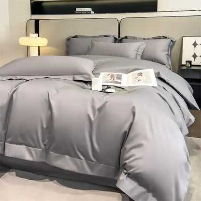 Gray satin DecorBites™ luxurious 1000TC Egyptian cotton duvet cover set with fitted sheet featuring elegant stitched detailing