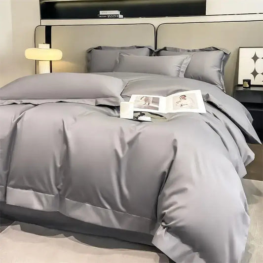 Gray satin DecorBites™ luxurious 1000TC Egyptian cotton duvet cover set with fitted sheet and elegant stitched detailing