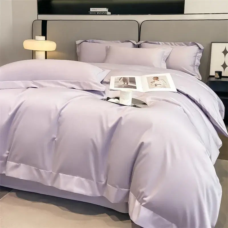 Lavender satin duvet cover set with matching pillowcases featuring smooth glossy finish and elegant stitched hems from decorbites 1000tc egyptian cotton bedding set