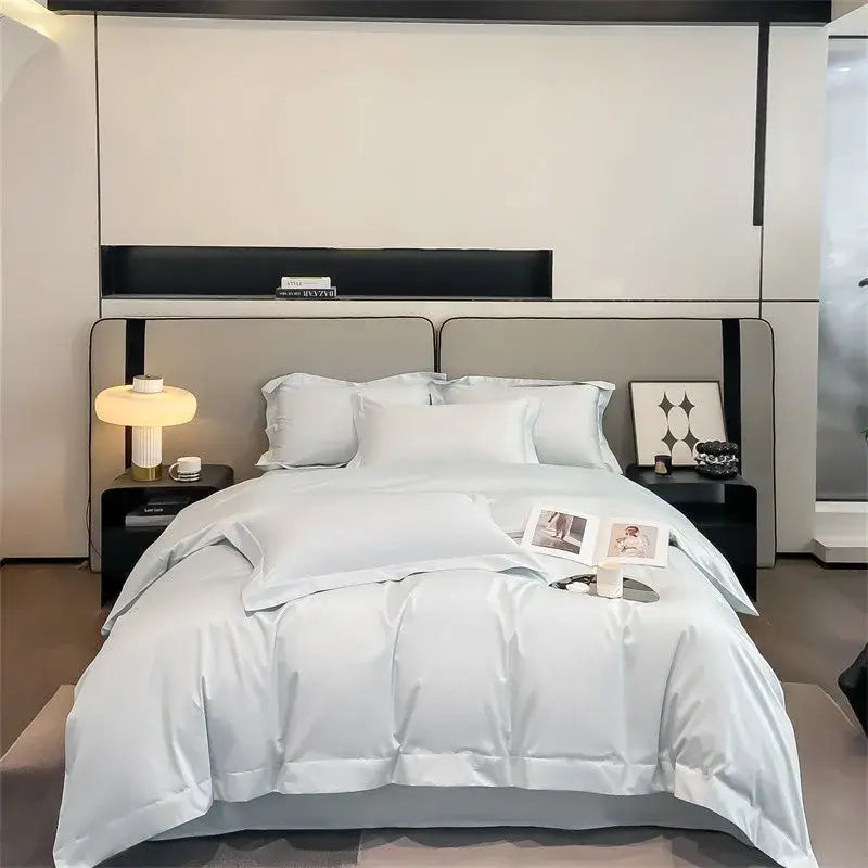 Light blue satin duvet cover set with fitted sheet and pillowcases from DecorBites™ luxurious 1000TC Egyptian cotton bedding set