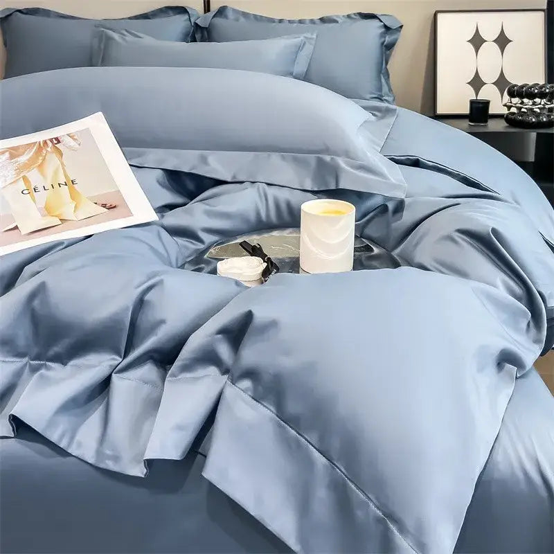 DecorBites™ luxurious 1000TC Egyptian cotton light blue satin duvet cover and fitted sheet with smooth glossy finish