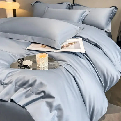 Decorbites luxurious light blue satin duvet cover and fitted sheet set made from 1000tc egyptian cotton