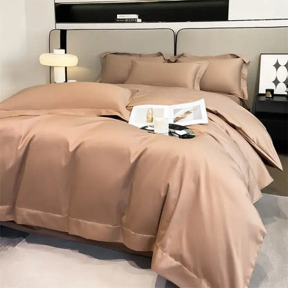 DecorBites™ luxurious 1000TC Egyptian cotton duvet cover set in taupe satin with fitted sheet and smooth glossy finish