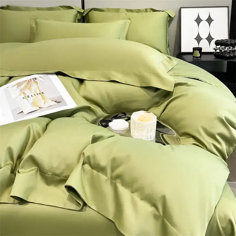Satin green DecorBites™ luxurious 1000TC Egyptian cotton bedding set with smooth texture includes duvet cover and fitted sheet