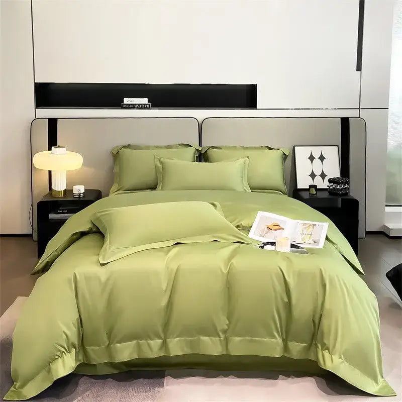Satin green four-piece DecorBites™ 1000TC Egyptian cotton bedding set with elegant piping fitted sheet and duvet cover