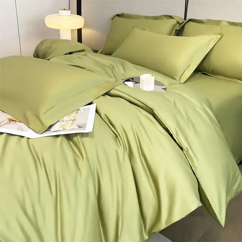 Satin green decorbites luxurious 1000tc egyptian cotton bedding set with duvet cover, fitted sheet, and matching pillows