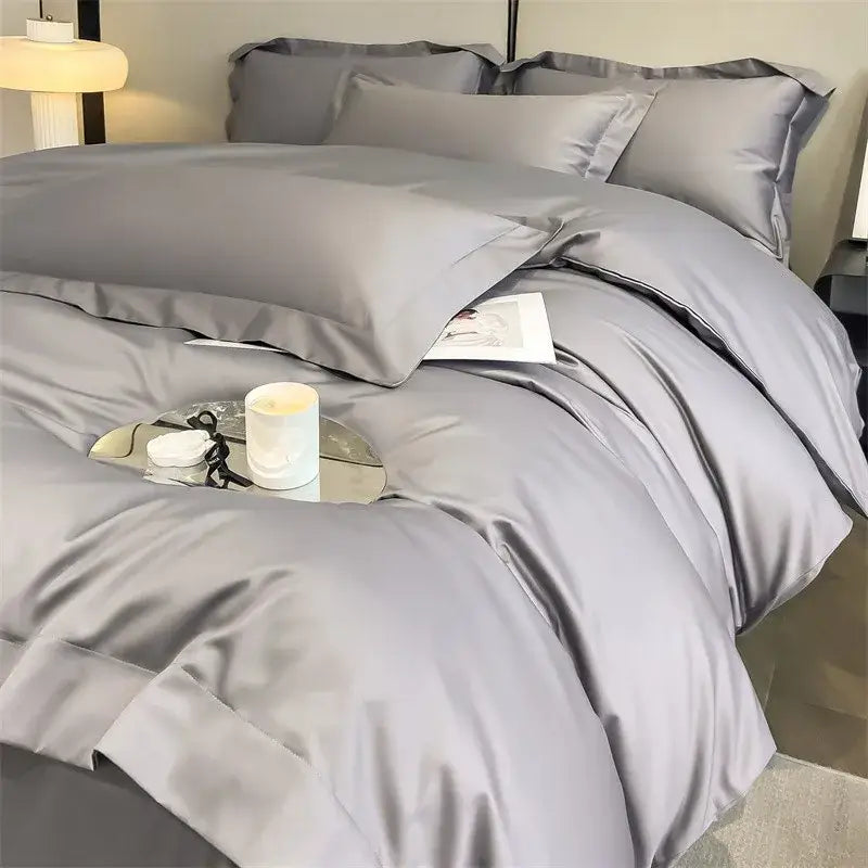 Silk-gray satin duvet cover set with matching pillowcases featuring pleated edges in decorbites™ luxurious 1000tc cotton bedding set