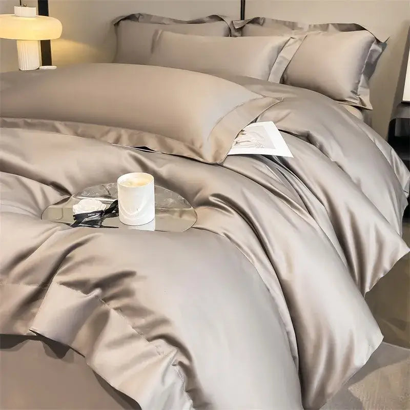 Silk-gray satin duvet cover and fitted sheet from decorbites™ luxurious 1000tc egyptian cotton bedding set with plush pillows