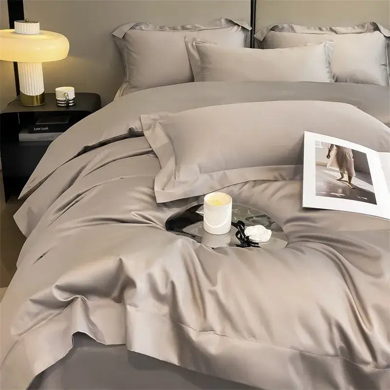 Silk-gray satin duvet cover set with fitted sheet and ruffled edges in DecorBites Luxurious 1000TC Egyptian Cotton bedding set