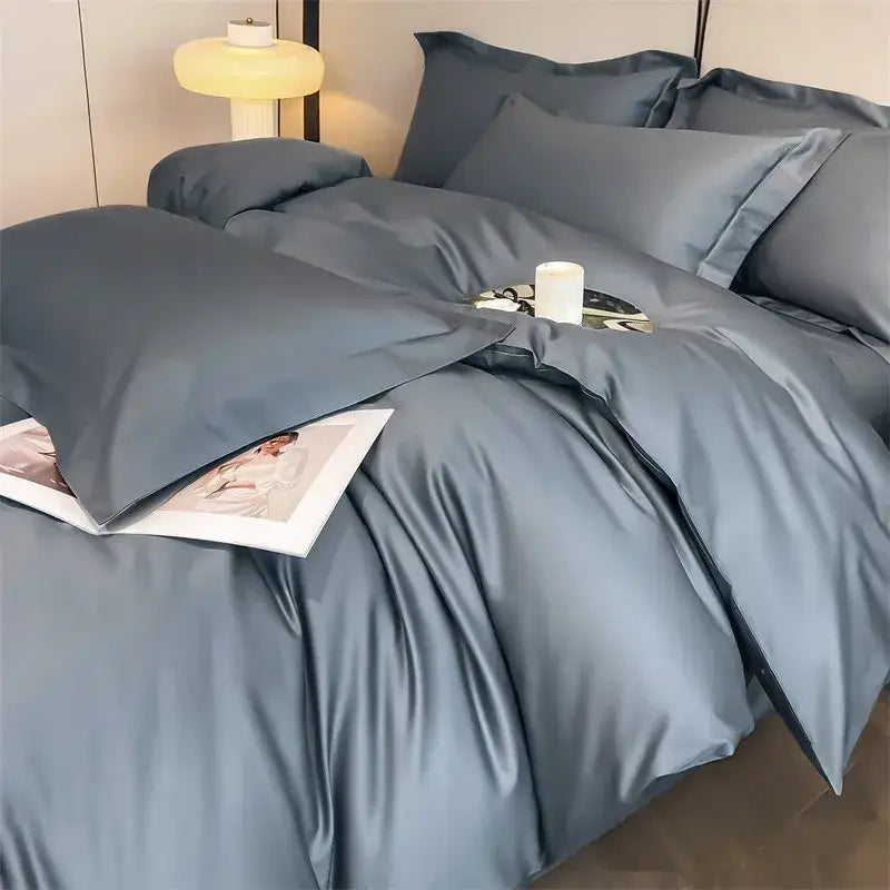 Decorbites™ luxurious 1000tc egyptian cotton gray satin bedding set with duvet cover fitted sheet and matching pillows