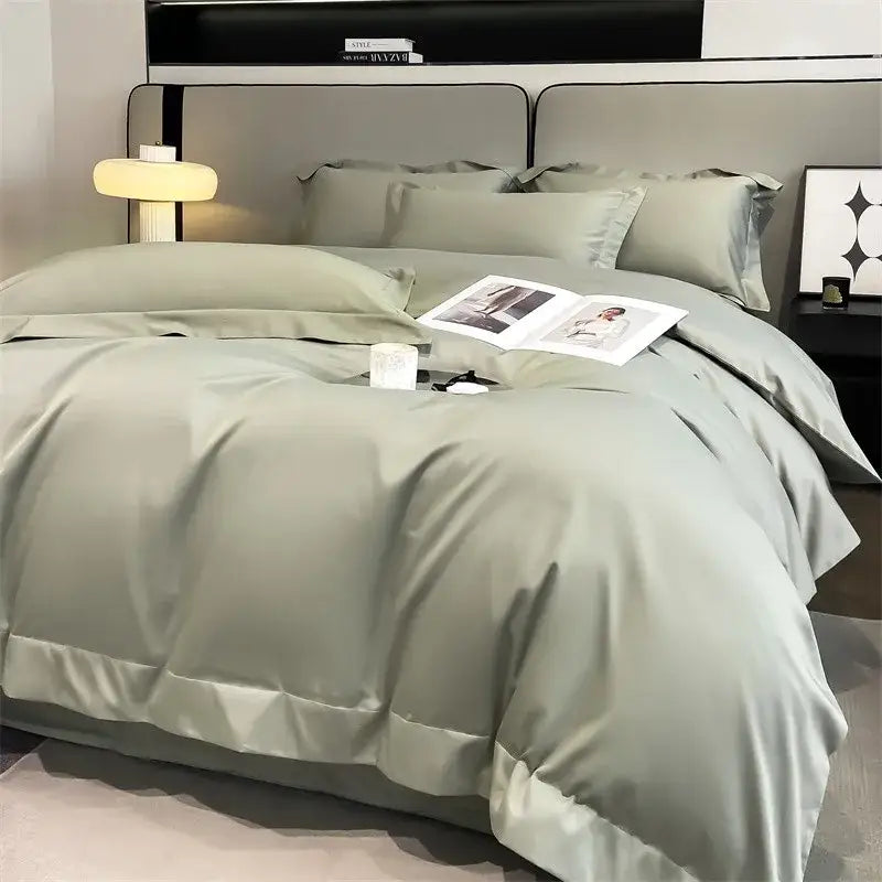 Decorbites™ luxurious 1000tc egyptian cotton duvet cover set in silk-like sage green with fitted sheet and stitched detailing