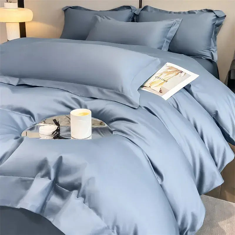 Decorbites™ luxurious 1000tc egyptian cotton duvet cover and fitted sheet set in silk-like blue satin with matching pillows