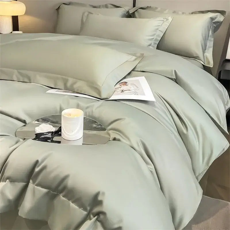 Silk-like sage green satin duvet cover and fitted sheet from DecorBites™ 1000TC Egyptian cotton bedding set