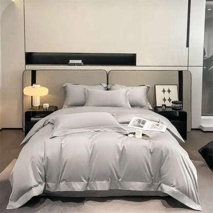 Luxurious silver-gray satin duvet cover and fitted sheet from decorbites 1000TC Egyptian cotton bedding set