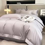 DecorBites™ luxurious silver-gray satin duvet cover set with elegant stitched detailing and 1000TC Egyptian cotton fitted sheet