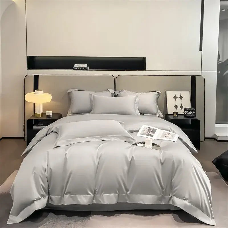 DecorBites™ luxurious silver-gray satin duvet cover and fitted sheet set made from 1000TC Egyptian cotton