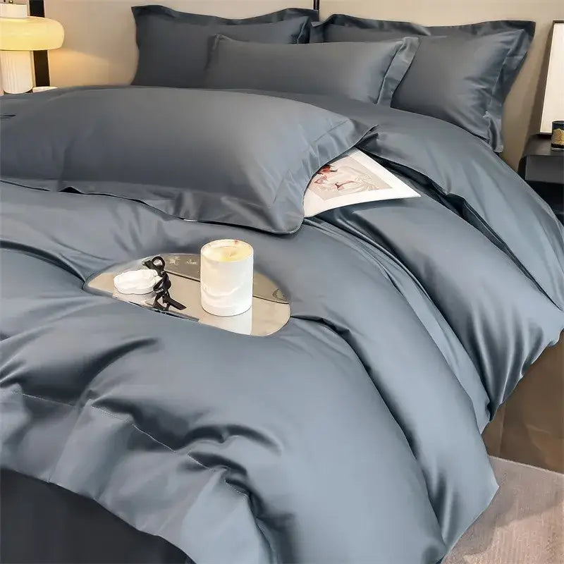 Decorbites™ luxurious slate blue satin duvet cover set with stitched detailing made from 1000tc egyptian cotton