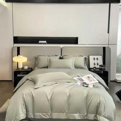DecorBites™ sage green satin duvet cover and fitted sheet with smooth glossy finish in 1000TC Egyptian cotton