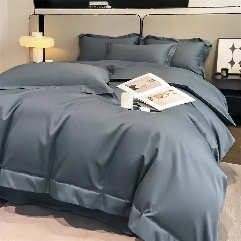 DecorBites™ luxurious 1000TC Egyptian cotton duvet cover set in slate blue satin with tailored seams and fitted sheet included