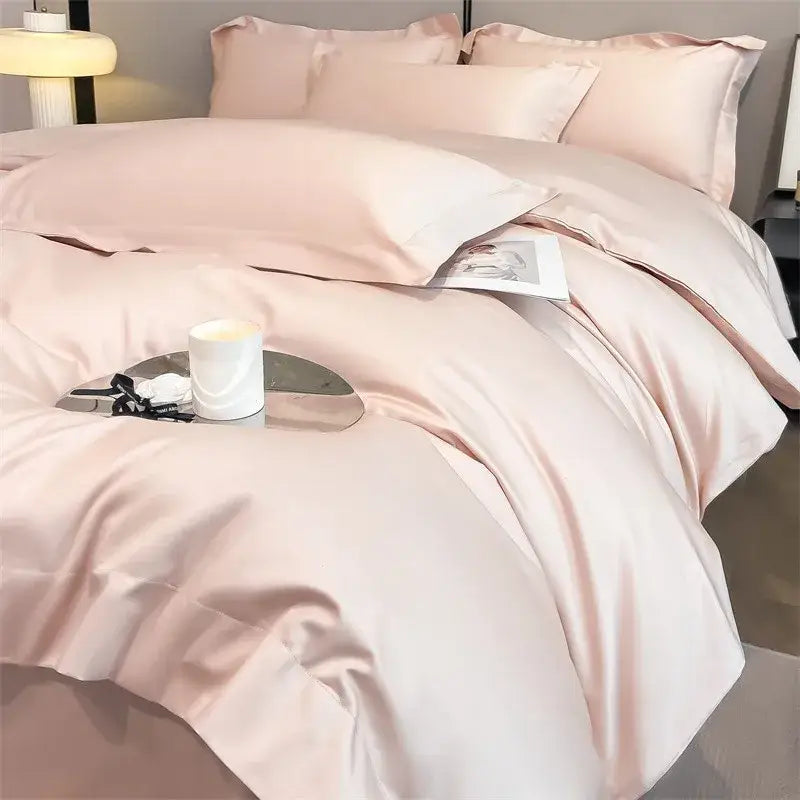 Soft blush pink satin duvet cover and fitted sheet set with smooth texture from decorbites 1000tc egyptian cotton bedding