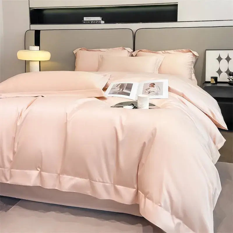 A soft blush pink satin duvet cover from DecorBites™ luxurious 1000TC Egyptian cotton bedding set with stitched edges