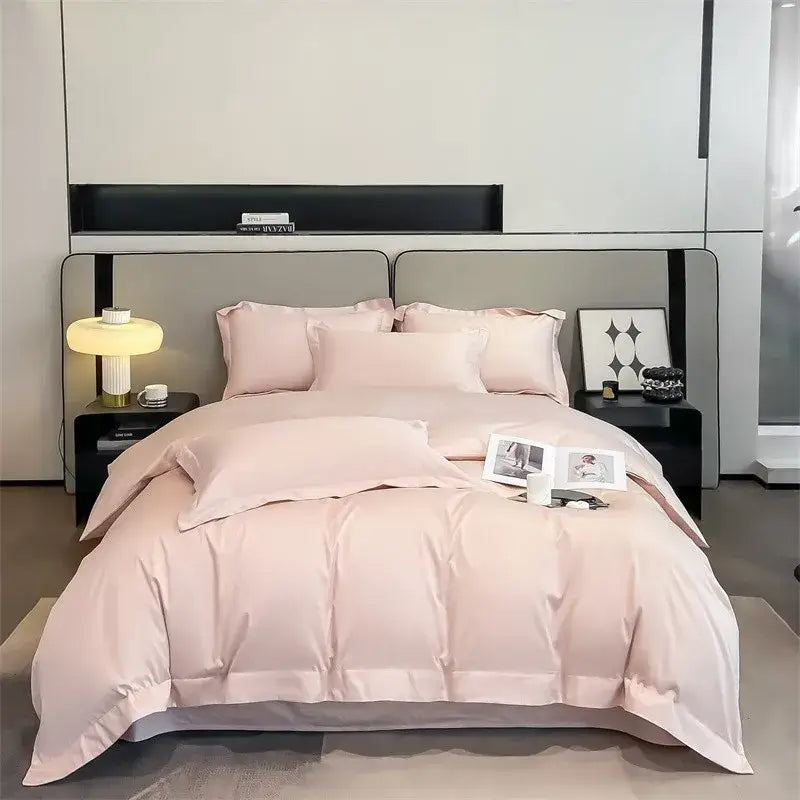 DecorBites™ luxurious 1000TC Egyptian cotton duvet cover set in soft blush pink satin with fitted sheet and stitched detailing