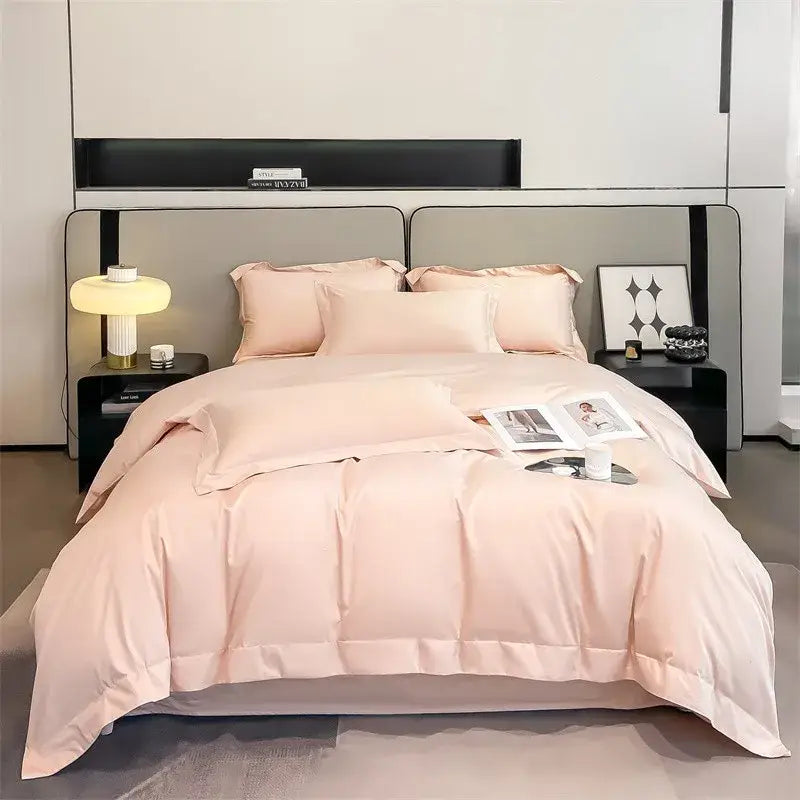 Decorbites™ luxurious 1000tc egyptian cotton blush pink satin duvet cover set with fitted sheet and elegant stitched detailing