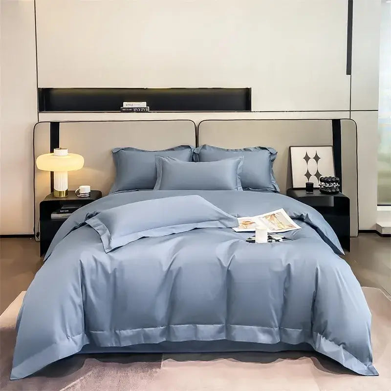Decorbites™ luxurious 1000tc egyptian cotton duvet cover set in soft light blue satin with fitted sheet and smooth sheen