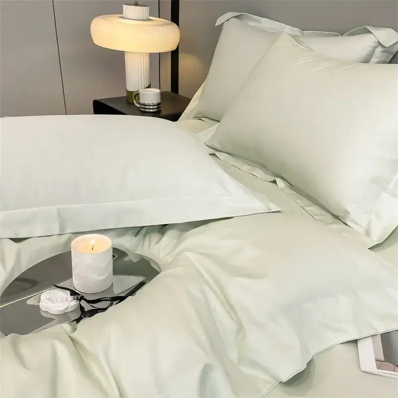 DecorBites™ luxurious 1000TC Egyptian cotton pale green satin duvet cover set with fitted sheet and piece duvet cover