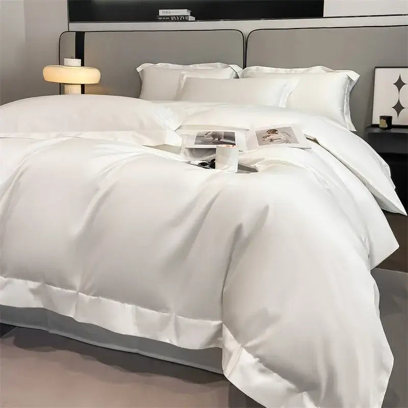 White satin duvet cover from DecorBites™ luxurious 1000TC Egyptian cotton bedding set with smooth glossy finish and stitched edges