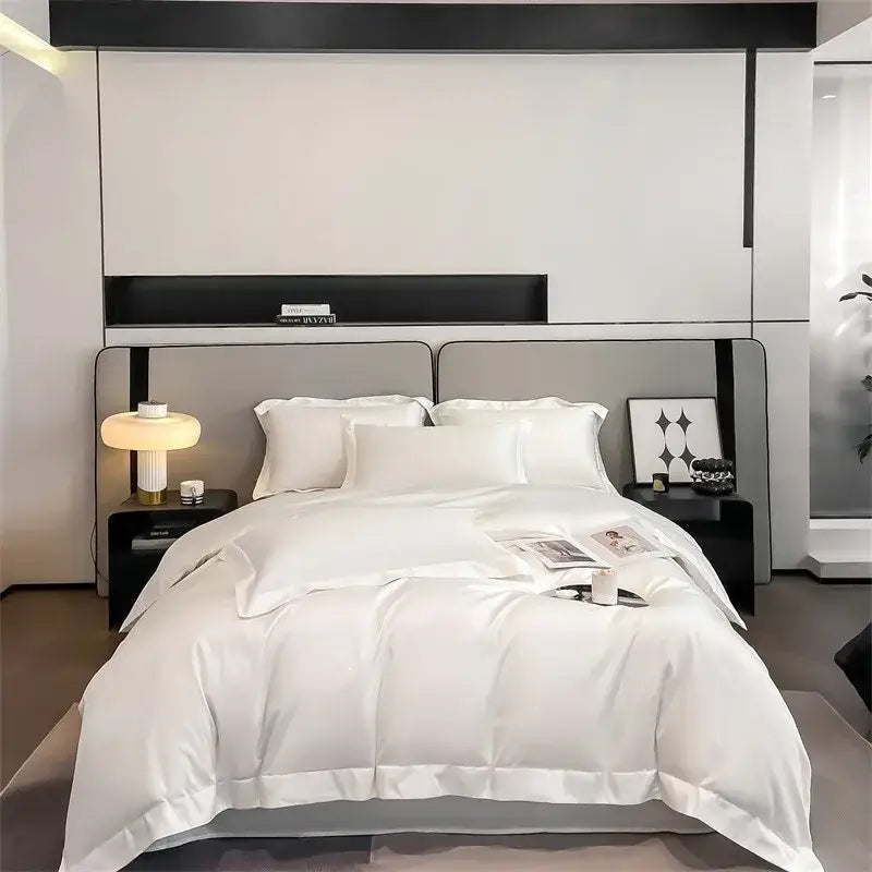White satin duvet cover and fitted sheet set with a smooth luxurious finish in decorbites™ 1000TC egyptian cotton