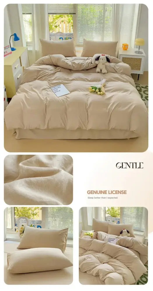 Beige DecorBites™ luxurious 4-piece cotton bedding set with plush textured duvet and matching pillows