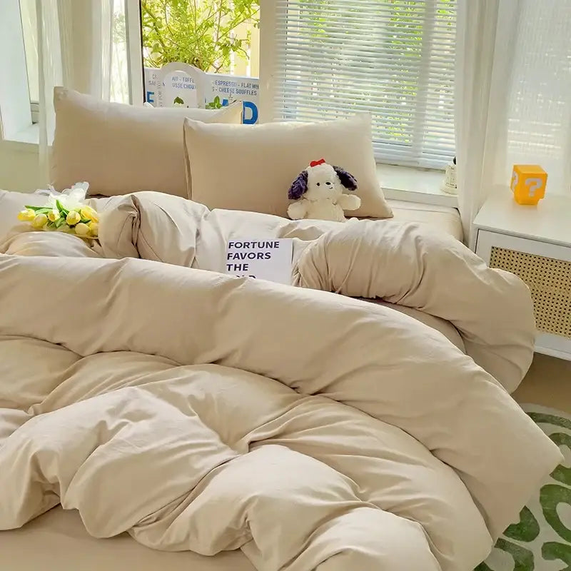 DecorBites™ luxurious beige plush quilted cotton bedding set with soft fabric and cozy slightly rumpled texture