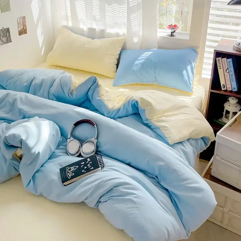 DecorBites™ luxurious 4-piece cotton bedding set in pastel blue and pale yellow two-toned comforter for cozy sleep