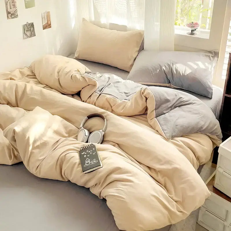 Cream-colored plush decorbites™ luxurious 4-piece cotton bedding set with soft cozy texture and matching pillows