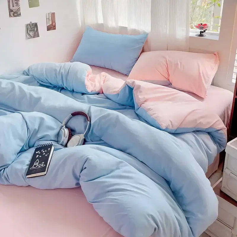 Pastel blue and pink two tone quilted duvet set made of soft cotton fabric in decorbites™ luxurious 4-piece cotton bedding set