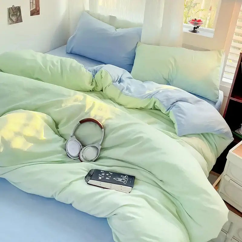 Pastel green and light blue gradient 4-piece cotton bedding set from decorbites with soft plush fabric