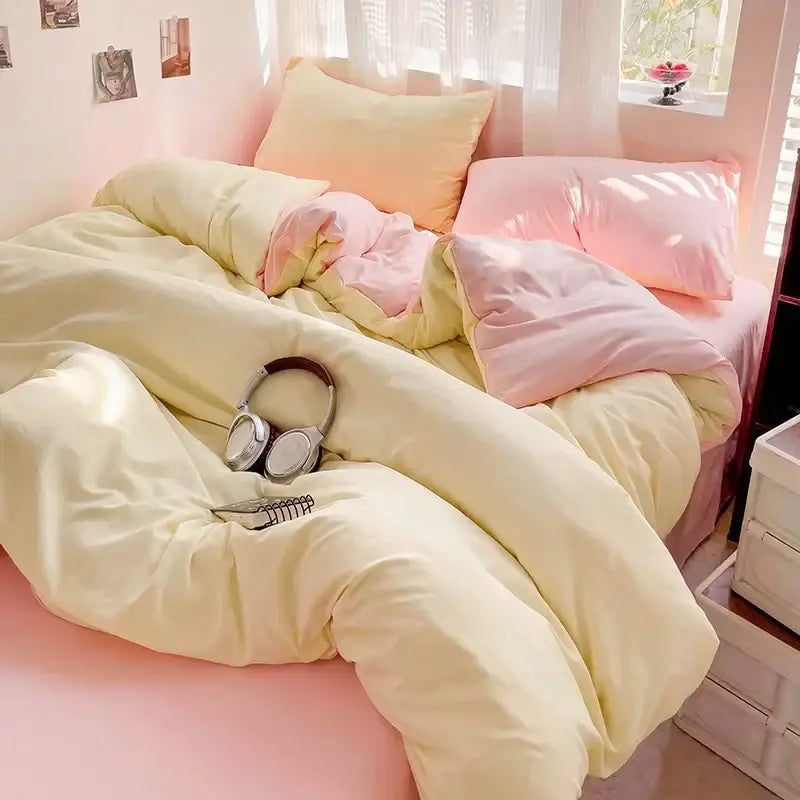 Pastel yellow and pink decorbites™ luxurious 4-piece cotton bedding set with soft plush fabric cotton bedding