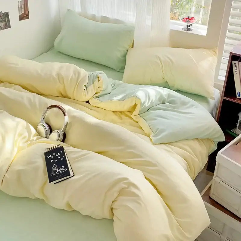Decorbites™ luxurious 4-piece cotton bedding set in soft pastel yellow and mint green with a cozy layered look