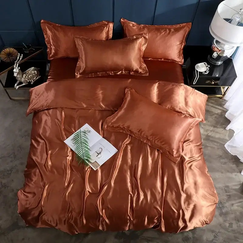 Copper satin decorbites luxurious bed linen set four pcs with duvet cover bed sheet and matching pillows suitable for use
