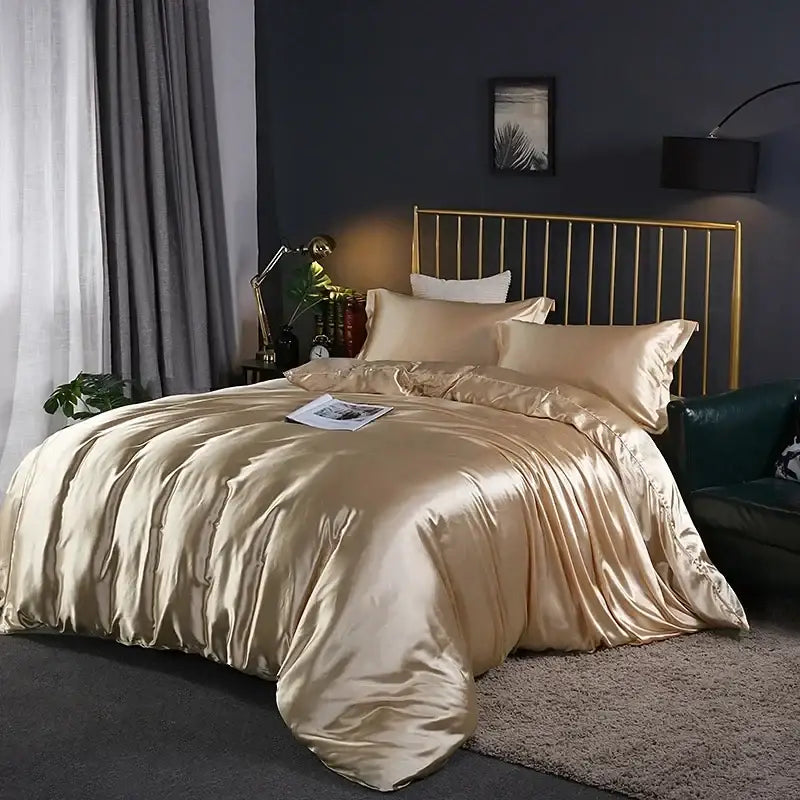 Glossy gold satin duvet cover set with matching pillowcases by decorbites™ luxurious bed linen set pcs suitable for luxury bedding