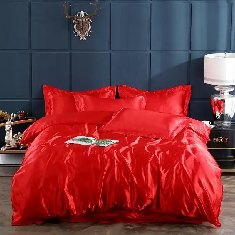 Vibrant red satin duvet cover and bed sheet set from decorbites™ with a glossy luxurious finish pcs suitable for bedroom use
